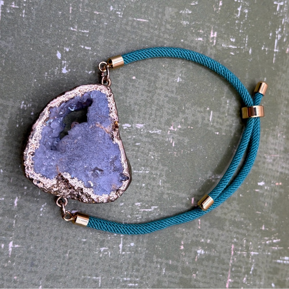 Teal Cord Bracelet with Blue / grey Druzy Stone